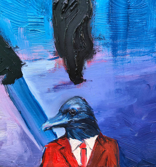 surrealistyczna scena z postacią o ptasiej głowie i cerkwiami w tle, obraz olejny na płótnie Eweliny Kogut