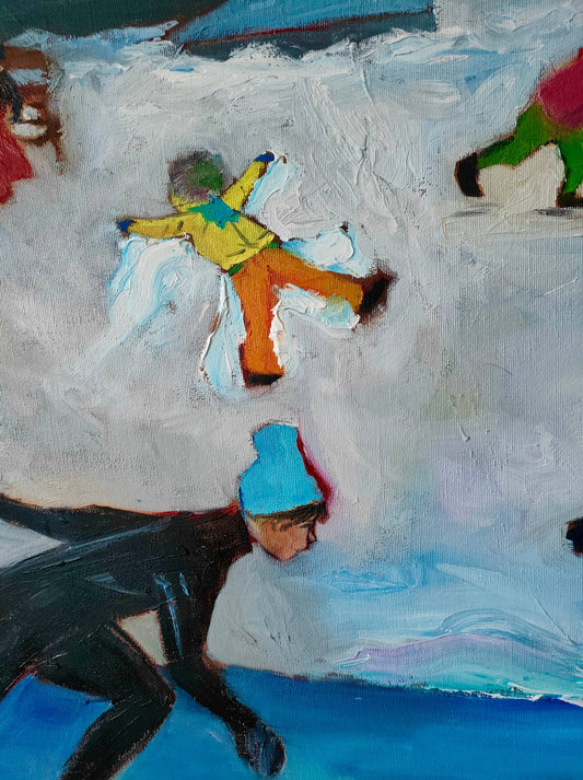 Obraz „Hello, friends!” – zbliżenie fragmentu kompozycji, farba olejna na płótnie, 80 × 80 cm, Ewelina Kogut