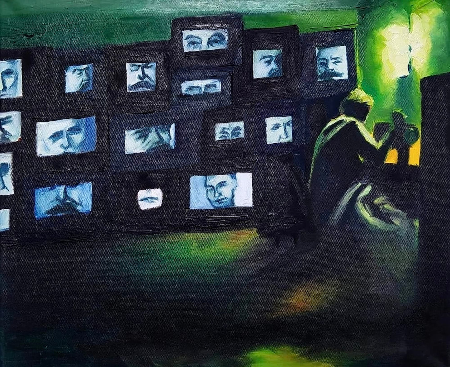 postać obserwująca ścianę monitorów z twarzami, symboliczny obraz olejny na płótnie „Gadające głowy” – Ewelina Kogut