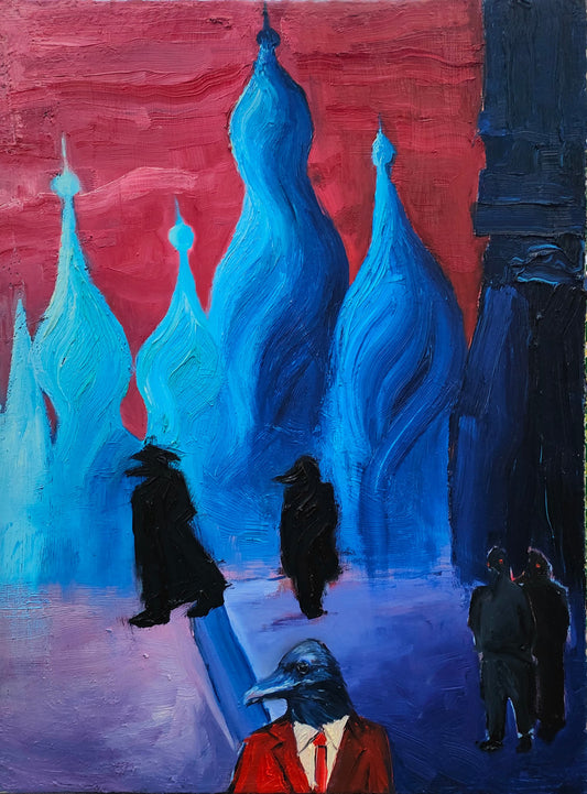 niebieskie cerkwie na tle czerwonego nieba i postacie w czarnych płaszczach, obraz olejny „Gniazdo” – Ewelina Kogut