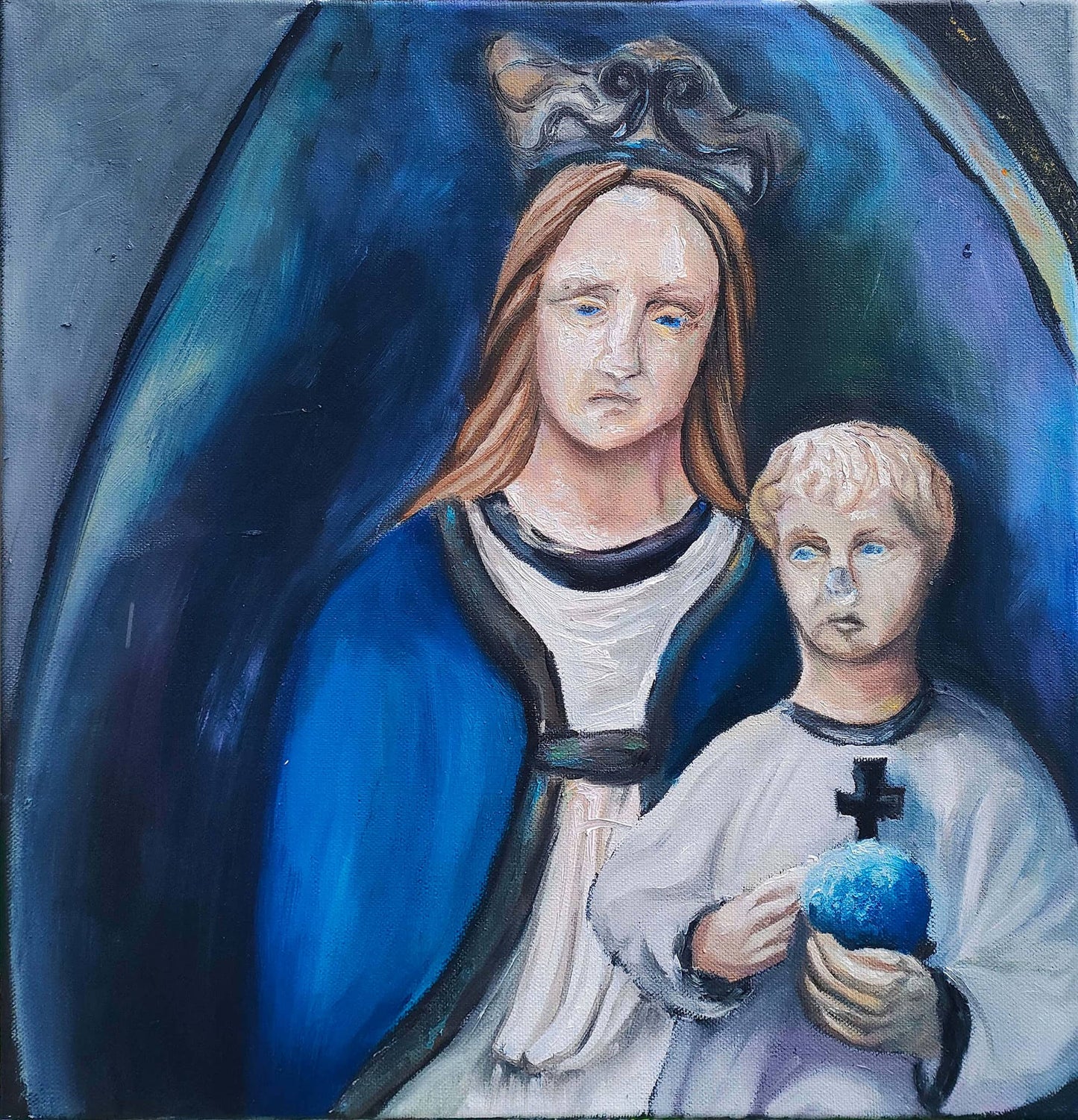 Obraz „Jezus bez nosa” – farba olejna na płótnie, format 40 × 40 cm, autorka Ewelina Kogut
