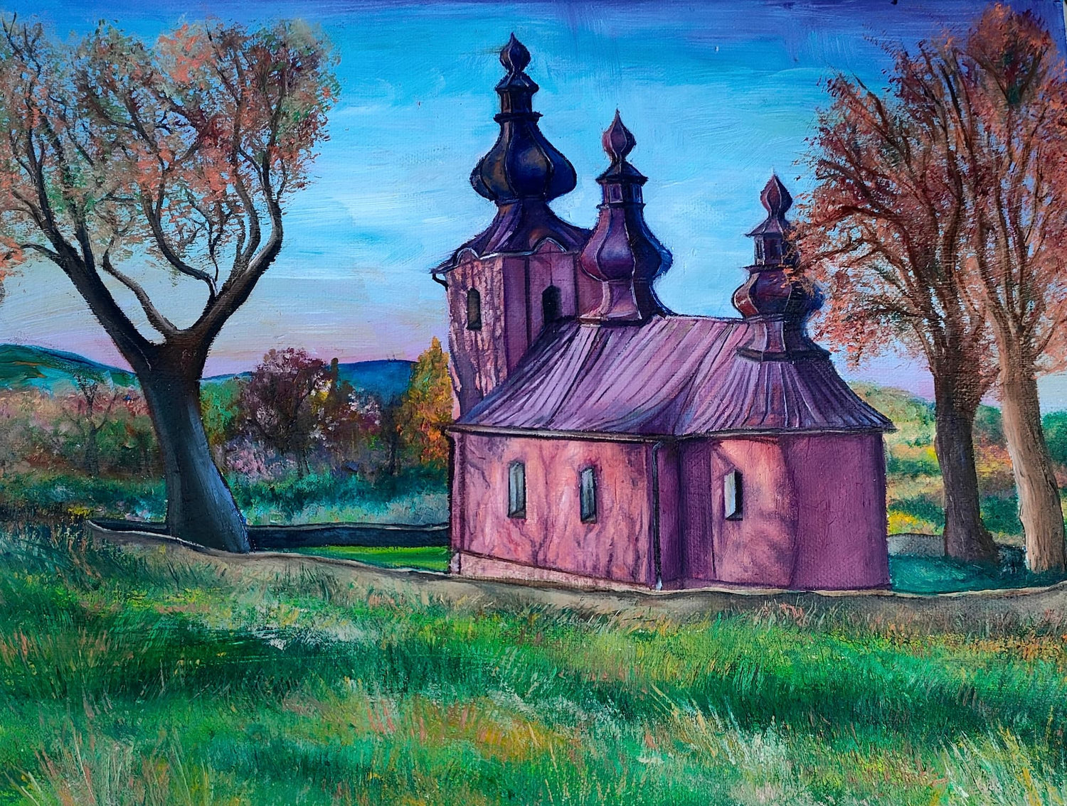 drewniany kościół w Blechnarce w beskidzkim krajobrazie, obraz olejny na płótnie autorstwa Eweliny