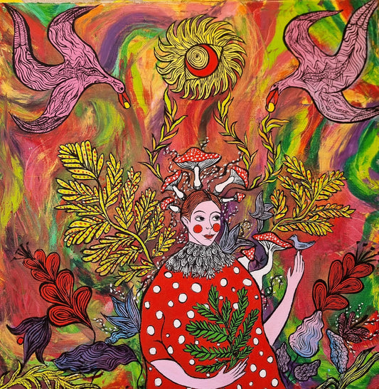 kobieta w czerwonej sukni wśród grzybów i roślin w fantastycznym krajobrazie, obraz olejny „Kraina grzybów” – Ewelina Kogut