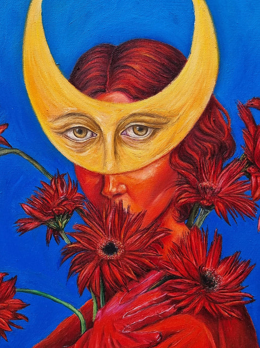 detal twarzy kobiety z maską w kształcie księżyca i czerwonymi kwiatami, obraz olejny Eweliny Kogut