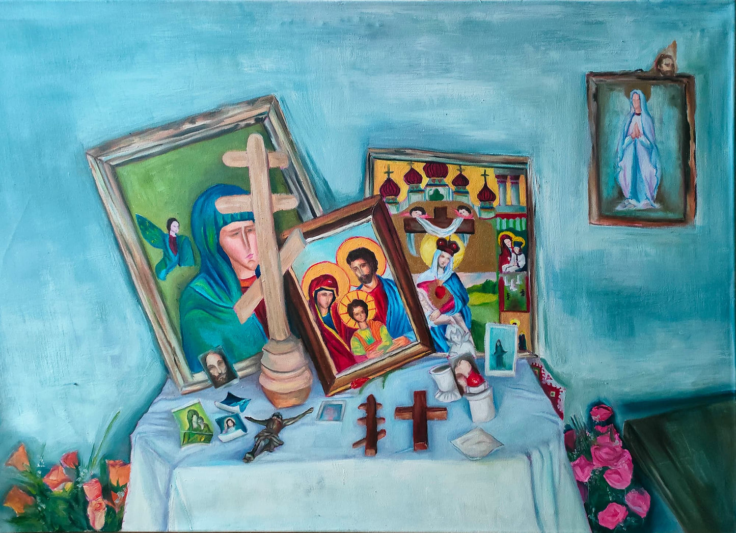 Obraz „Wnętrze łemkowskiej, przydrożnej kapliczki” – farba olejna na płótnie, format 75 × 135 cm, autorka Ewelina Kogut