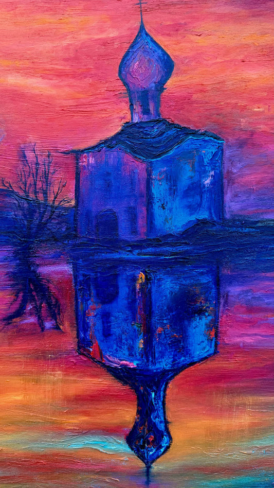 Obraz „Zachód na wschodzie” – zbliżenie fragmentu kompozycji, farba olejna na płótnie, 60 × 80 cm, Ewelina Kogut