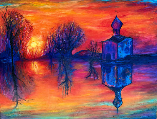 Obraz „Zachód na wschodzie” – farba olejna na płótnie, format 60 × 80 cm, autorka Ewelina Kogut