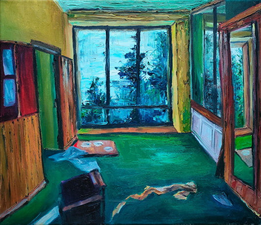 wnętrze pokoju z dużym oknem i widokiem na krajobraz, obraz olejny „Szczyt” – Ewelina Kogut